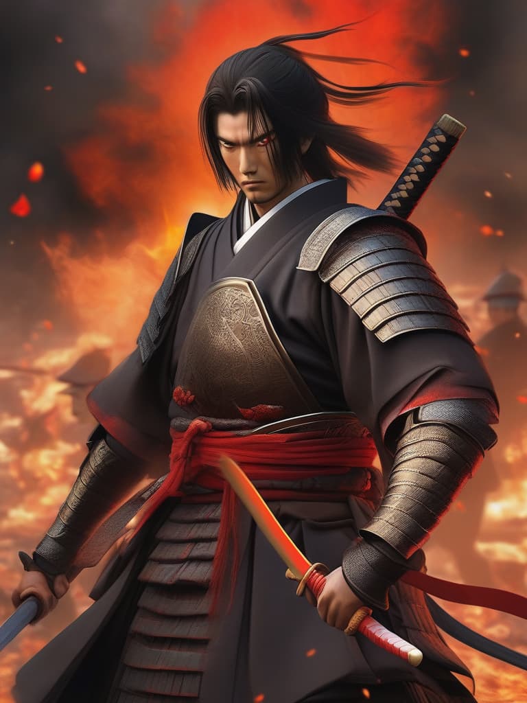  Samurai, red eyes, black hair, handsome boys, flames, masterpiece, best quality,8k,ultra detailed,high resolution,an extremely delicate and beautiful,hyper detail