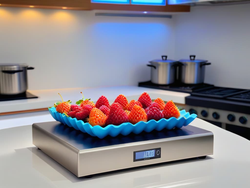  A photorealistic image of a sleek and modern kitchen countertop adorned with an array of colorful and vibrant fresh fruits like strawberries, blueberries, and raspberries, neatly arranged in a row. In the background, a highend food processor specifically designed for pastry making gleams under the warm glow of recessed lighting, showcasing its various attachments and functionalities. The scene exudes a sense of precision, efficiency, and creativity, perfectly capturing the essence of selecting the best food processor for pastry making. hyperrealistic, full body, detailed clothing, highly detailed, cinematic lighting, stunningly beautiful, intricate, sharp focus, f/1. 8, 85mm, (centered image composition), (professionally color graded), ((bright soft diffused light)), volumetric fog, trending on instagram, trending on tumblr, HDR 4K, 8K