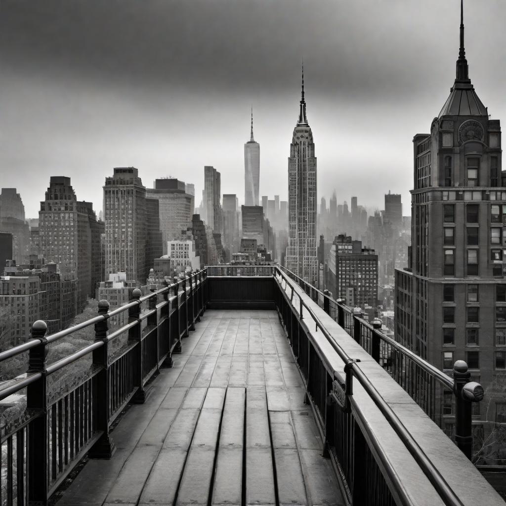  New York City skyline in black and white, emphasizing a melancholy and love loss mood. The image should showcase iconic buildings such as the Empire State Building and the Chrysler Building, with a gloomy sky and perhaps a park bench or an empty street in the foreground to illustrate loneliness. hyperrealistic, full body, detailed clothing, highly detailed, cinematic lighting, stunningly beautiful, intricate, sharp focus, f/1. 8, 85mm, (centered image composition), (professionally color graded), ((bright soft diffused light)), volumetric fog, trending on instagram, trending on tumblr, HDR 4K, 8K