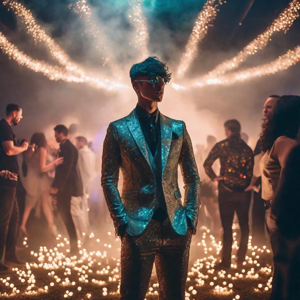  boy at a party with astral larvae hyperrealistic, full body, detailed clothing, highly detailed, cinematic lighting, stunningly beautiful, intricate, sharp focus, f/1. 8, 85mm, (centered image composition), (professionally color graded), ((bright soft diffused light)), volumetric fog, trending on instagram, trending on tumblr, HDR 4K, 8K