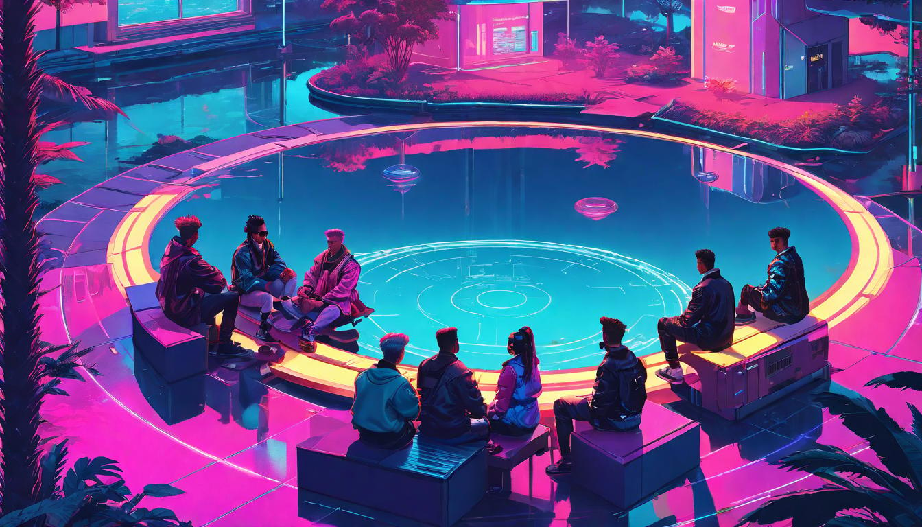  vaporwave,cyberpunk game style A circle of various people sitting peacefully around the edge of a tranquil pond, reflecting both the sky and the gathered individuals, unity in solitude, serene, invitingeon, dystopian, futuristic, digital, vibrant, detailed, high contrast, reminiscent of cyberpunk genre video games,retro aesthetic, cyberpunk, vibrant, neon colors, vintage 80s and 90s style, highly detailed