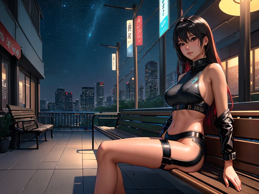  image: masterpiece, high quality, (ity), ((())), realistic anime (professionally color graded), detailed clothing, highly detailed, cinematic lighting, stunningly beautiful, 8k, 4k, HD, ((1: beautiful asian)), slim waist, slim build, 2 huge fake s, normal hips, medium sized round , fit, tanned, long dark neon hair, view: dynanic view, , location: sci fi dark lounge at night on a bench seat, clothing: sci fi mostly , s, pose: Hey ;)