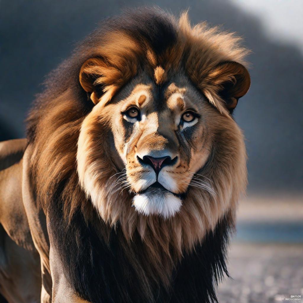  Lion is king hyperrealistic, full body, detailed clothing, highly detailed, cinematic lighting, stunningly beautiful, intricate, sharp focus, f/1. 8, 85mm, (centered image composition), (professionally color graded), ((bright soft diffused light)), volumetric fog, trending on instagram, trending on tumblr, HDR 4K, 8K