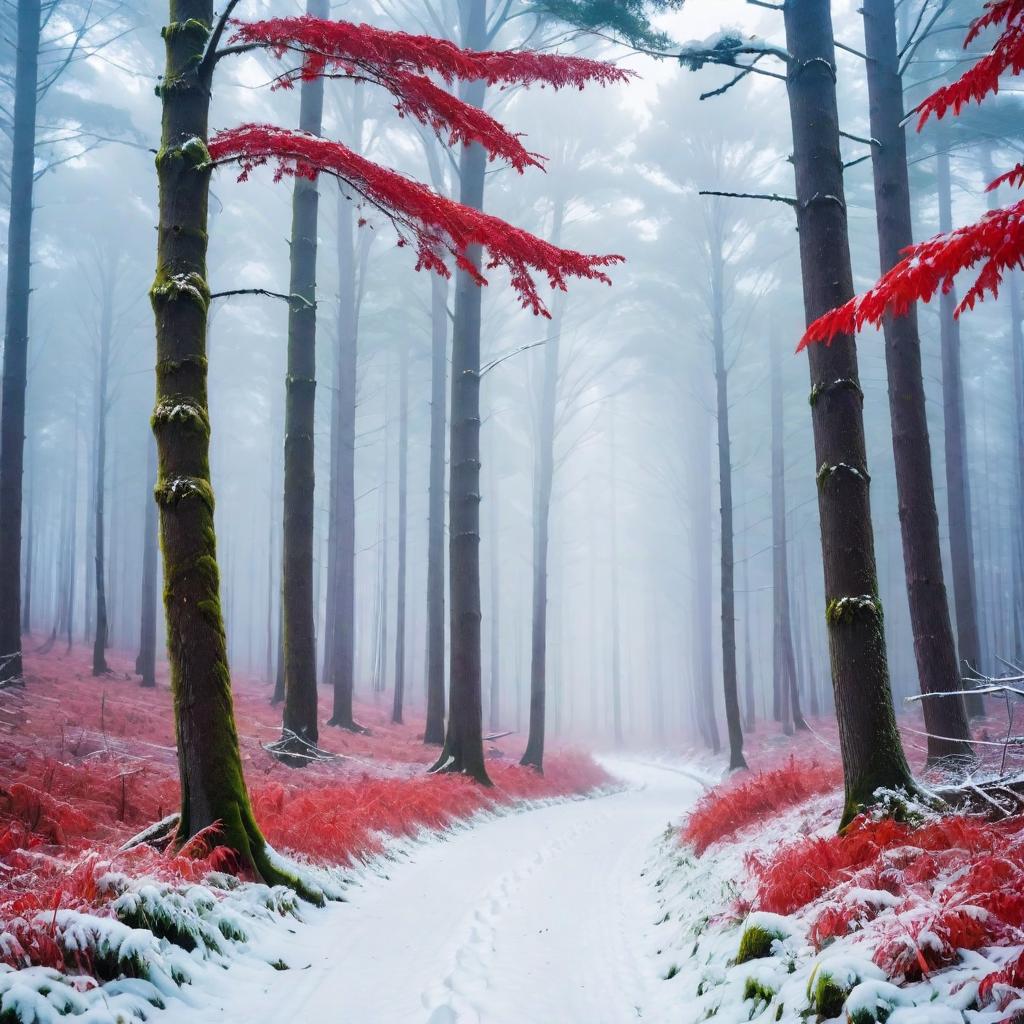  Misty forest, snow, first class, a red,