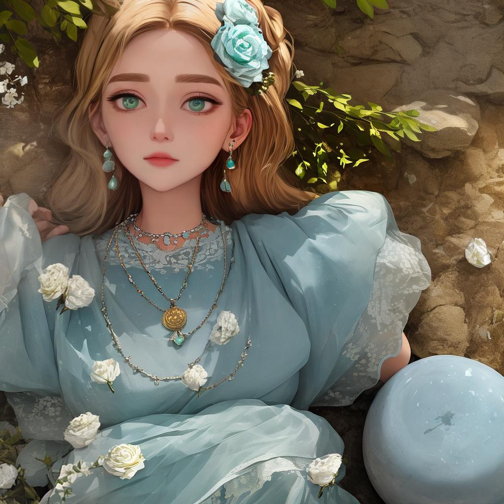  masterpiece, best quality,A jung dark blonde lady with green eyes rosy cheeks a light blue stone necklace and a quite round face ,