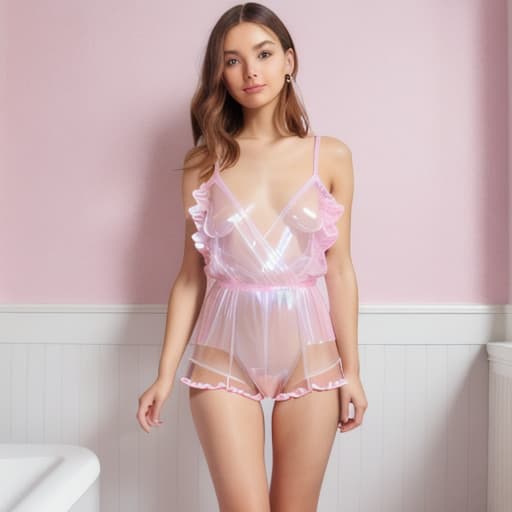  very beautiful angel,oiled shiny, light pink transparent vinyl romper, long socs with ruffles and socs belts,bathroom area