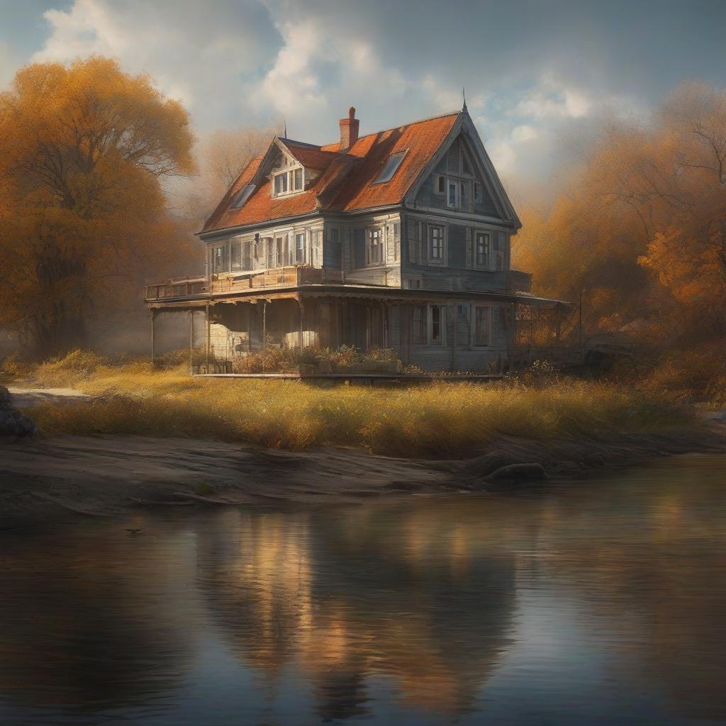  a house near the river, by Artist Aleksandr Deyneka hyperrealistic, full body, detailed clothing, highly detailed, cinematic lighting, stunningly beautiful, intricate, sharp focus, f/1. 8, 85mm, (centered image composition), (professionally color graded), ((bright soft diffused light)), volumetric fog, trending on instagram, trending on tumblr, HDR 4K, 8K