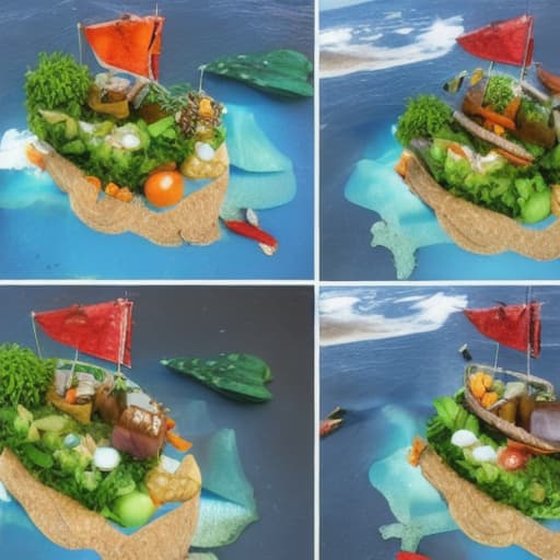  Adventurer sailing to an island made of food.