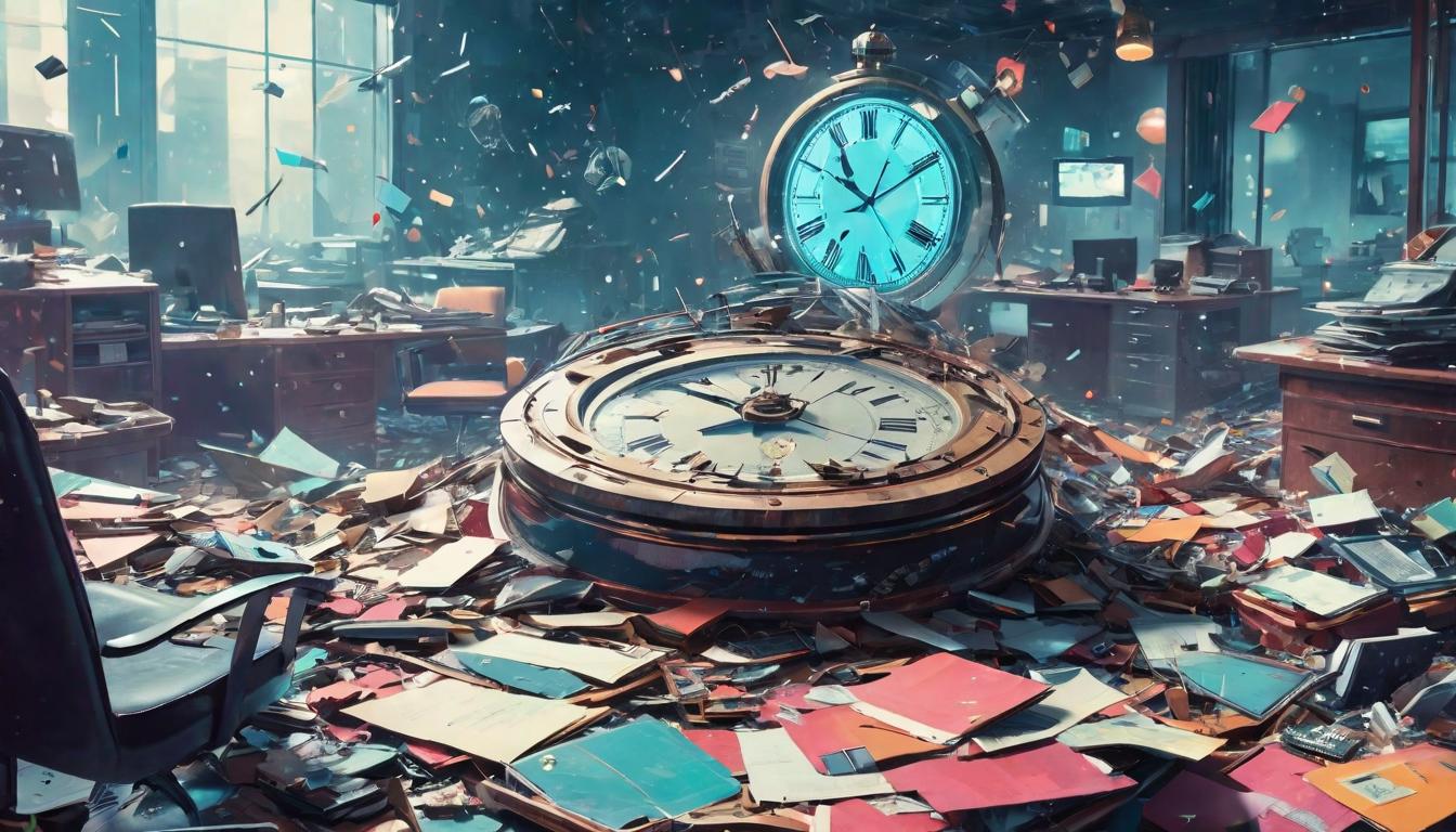  retro futuristic A broken clock amidst office debris, symbolizing career standstill, surrounding chaos, time's relentless march unacknowledged. Mood of persistent challenge, disjointed progress. lvintage sci fi, 50s and 60s style, atomic age, vibrant, highly detailed