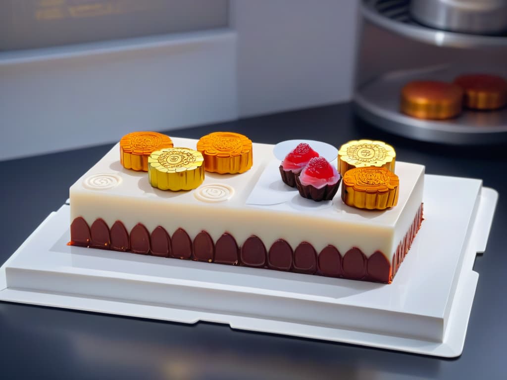  An 8k ultradetailed image of a sleek, modern kitchen counter with a variety of elegantly designed modern mooncakes displayed on a marble platter. Each mooncake features intricate geometric patterns and vibrant colors, showcasing a fusion of traditional Chinese flavors with a contemporary twist. The lighting is soft and highlights the textures and details of the mooncakes, creating a visually appealing and appetizing scene. hyperrealistic, full body, detailed clothing, highly detailed, cinematic lighting, stunningly beautiful, intricate, sharp focus, f/1. 8, 85mm, (centered image composition), (professionally color graded), ((bright soft diffused light)), volumetric fog, trending on instagram, trending on tumblr, HDR 4K, 8K