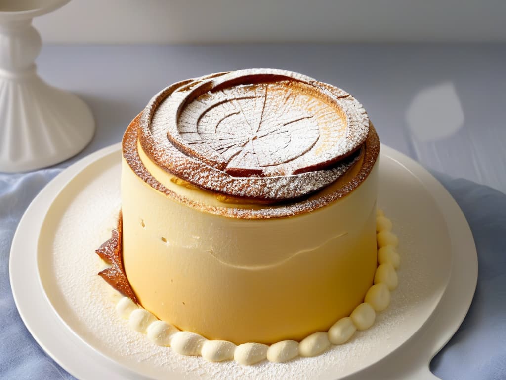  A closeup, ultradetailed image of a perfectly goldenbrown soufflé rising tall and proud in a pristine white ramekin, captured from a slightly elevated angle to showcase its delicate texture and elegant presentation. The soufflé is dusted with a light sprinkle of powdered sugar, with just a hint of steam wisping upwards, creating a visually striking and mouthwatering image that embodies the epitome of elegant baking inspired by The Great British Bake Off. hyperrealistic, full body, detailed clothing, highly detailed, cinematic lighting, stunningly beautiful, intricate, sharp focus, f/1. 8, 85mm, (centered image composition), (professionally color graded), ((bright soft diffused light)), volumetric fog, trending on instagram, trending on tumblr, HDR 4K, 8K