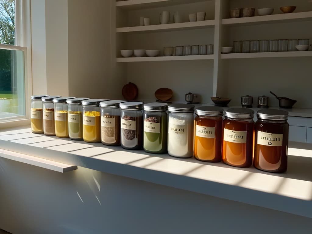  An 8k ultradetailed image of a pristine, modern kitchen with a sleek, uncluttered countertop featuring a row of glass jars filled with different types of baking powder, each labeled elegantly. The sunlight streams in from a nearby window, casting a soft, warm glow on the jars, highlighting their contents. The labels on the jars are stylish and informative, clearly indicating the various types of aluminumfree baking powder. The overall aesthetic is professional, inspiring, and minimalistic, perfectly complementing the informative tone of the article on selecting and storing aluminumfree baking powder. hyperrealistic, full body, detailed clothing, highly detailed, cinematic lighting, stunningly beautiful, intricate, sharp focus, f/1. 8, 85mm, (centered image composition), (professionally color graded), ((bright soft diffused light)), volumetric fog, trending on instagram, trending on tumblr, HDR 4K, 8K