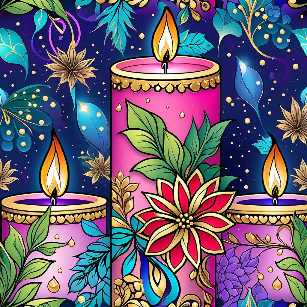  fairy tale (Background):Dark blue night sky. In the sky turquoise golden stars and emerald fireworks. There are three candles on the background of the night sky. In the centre one is tall, on the sides wide and lower. (First candle decor)::pink framed with gold patterns and swirls of drops. In the middle of the candle is a flower bud and stem with emerald coloured leaves. Under the flower the candle is tied with a ribbon of blue blue colour. (Second and third candle decor):purple colour, framed with golden drops. In the middle is a purple coloured flower bud and stems with emerald coloured leaves. Zentangle have the signature uneven edge and rounded corners. The original tiles are in the form of geometric shapes: square, triangle, rectangle hyperrealistic, full body, detailed clothing, highly detailed, cinematic lighting, stunningly beautiful, intricate, sharp focus, f/1. 8, 85mm, (centered image composition), (professionally color graded), ((bright soft diffused light)), volumetric fog, trending on instagram, trending on tumblr, HDR 4K, 8K