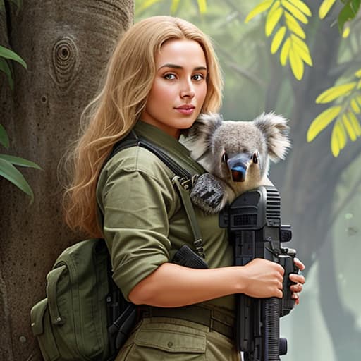  Stunning with golden hair and a koala, she hold the koala in her , beautiful face, sharp eyes, highly detailed, sharp image, Intricate pose, clarity, soft lighting, High image quality, jungle background, ancient painting, ancient art, art by Lee Bogle, cinematic, 4k, epic Steven Spielberg movie still, sharp focus, emitting diodes, smoke, artillery, sparks, racks, system unit, motherboard, by pascal blanche rutkowski repin artstation hyperrealism painting concept art of detailed character design matte painting, by pascal blanche rutkowski repin artstation hyperrealism painting concept art of detailed character design matte painting,