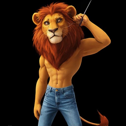  (a lion king wearing blue jean), full body, ghibli style, anime, vibrant colors, hdr, enhance, jungle((plain black background)), masterpiece, highly detailed, 4k, hq, separate colors, bright colors