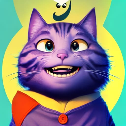  Pixar movie poster of a smiling purple cat, creepy, has a half moon on his chest, the name of the movie is "catnap" the poster it's on a cinema wall, the cat it's standing alone, he is has no teeth at