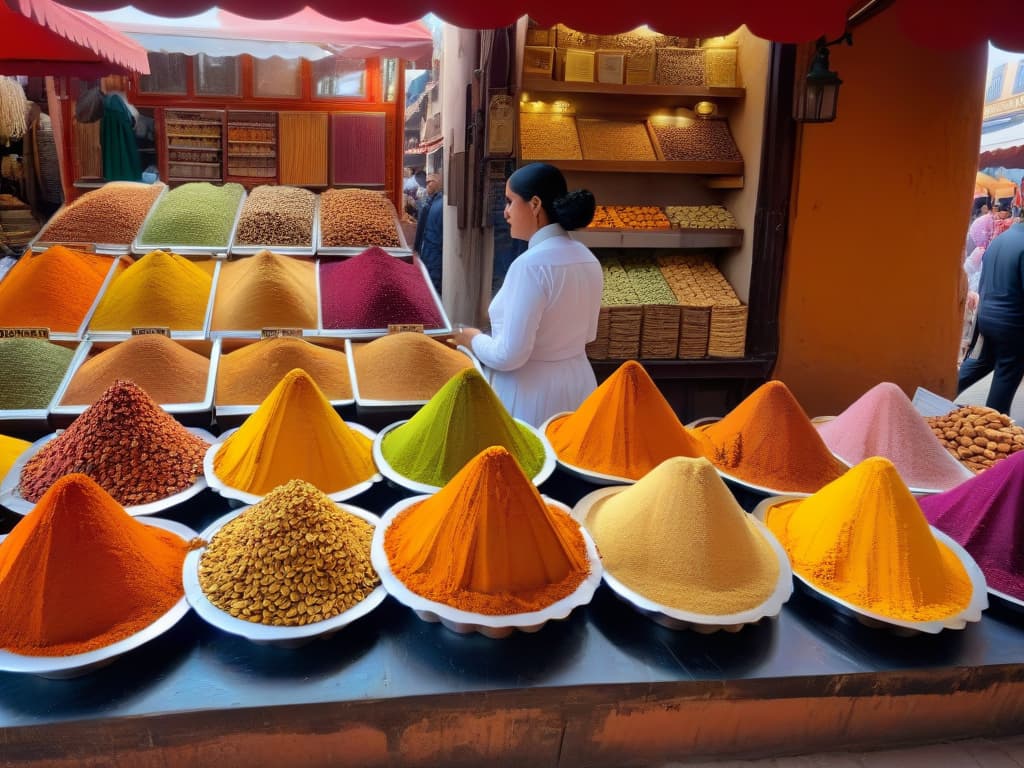  An ultradetailed image of a vibrant market in Marrakech, Morocco, showcasing an array of exotic ingredients like saffron, cardamom, rose water, and pistachios beautifully arranged in colorful stalls. The bustling market is filled with locals in traditional attire, bargaining for these key ingredients used in exotic desserts, adding an authentic touch to the culinary journey. The image captures the intricate details of the spices and nuts, creating a visually stimulating and informative scene for readers seeking to explore the world of exotic desserts. hyperrealistic, full body, detailed clothing, highly detailed, cinematic lighting, stunningly beautiful, intricate, sharp focus, f/1. 8, 85mm, (centered image composition), (professionally color graded), ((bright soft diffused light)), volumetric fog, trending on instagram, trending on tumblr, HDR 4K, 8K