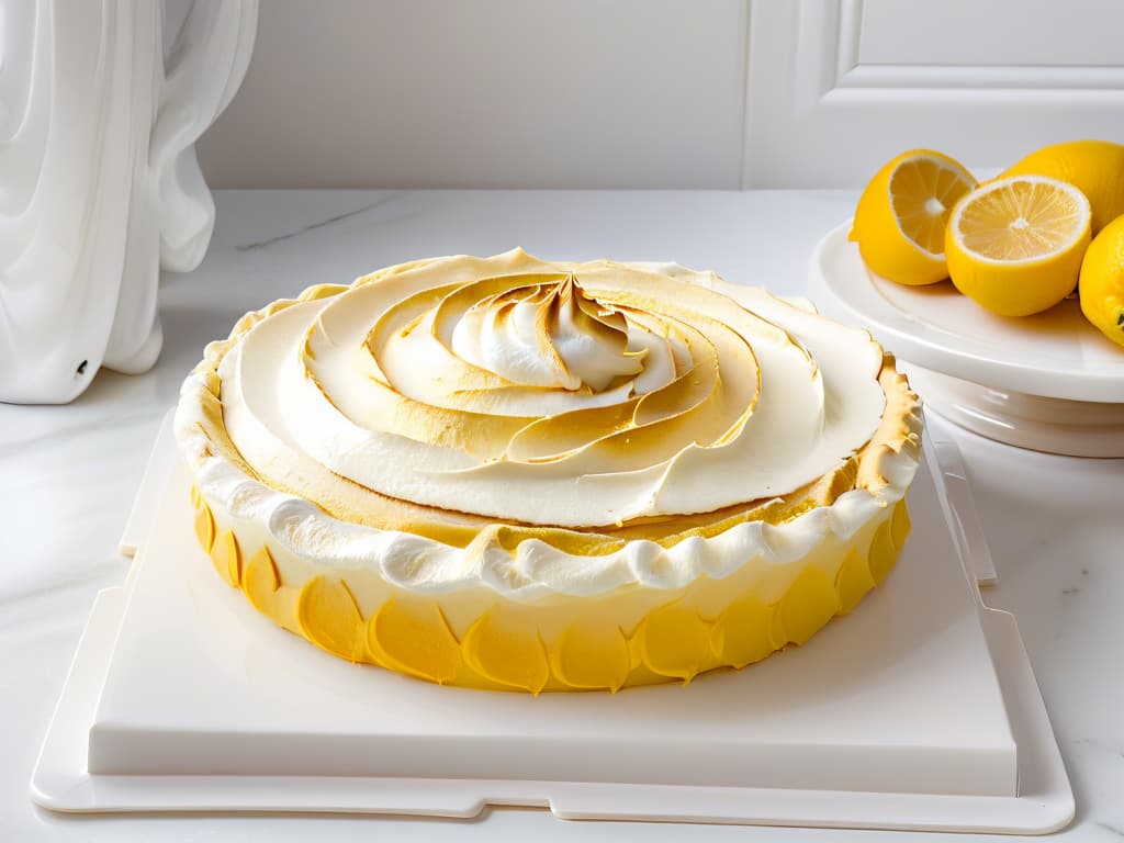  An image of a perfectly sliced lemon meringue pie on a sleek, white marble countertop. The pie is adorned with swirls of fluffy meringue on top, lightly toasted to a golden brown. The lemon filling is a vibrant yellow, oozing slightly as the pie is cut into, showcasing its creamy texture. The pie dish is elegant and simple, allowing the beauty of the dessert to take center stage in this minimalist composition. hyperrealistic, full body, detailed clothing, highly detailed, cinematic lighting, stunningly beautiful, intricate, sharp focus, f/1. 8, 85mm, (centered image composition), (professionally color graded), ((bright soft diffused light)), volumetric fog, trending on instagram, trending on tumblr, HDR 4K, 8K