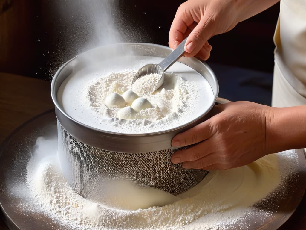  A closeup, photorealistic image of a baker's hands gently sifting a fine dusting of flour through a traditional wire mesh sieve, with soft natural light filtering through the particles, showcasing the texture and delicate process of sifting flour for perfect baking results. hyperrealistic, full body, detailed clothing, highly detailed, cinematic lighting, stunningly beautiful, intricate, sharp focus, f/1. 8, 85mm, (centered image composition), (professionally color graded), ((bright soft diffused light)), volumetric fog, trending on instagram, trending on tumblr, HDR 4K, 8K