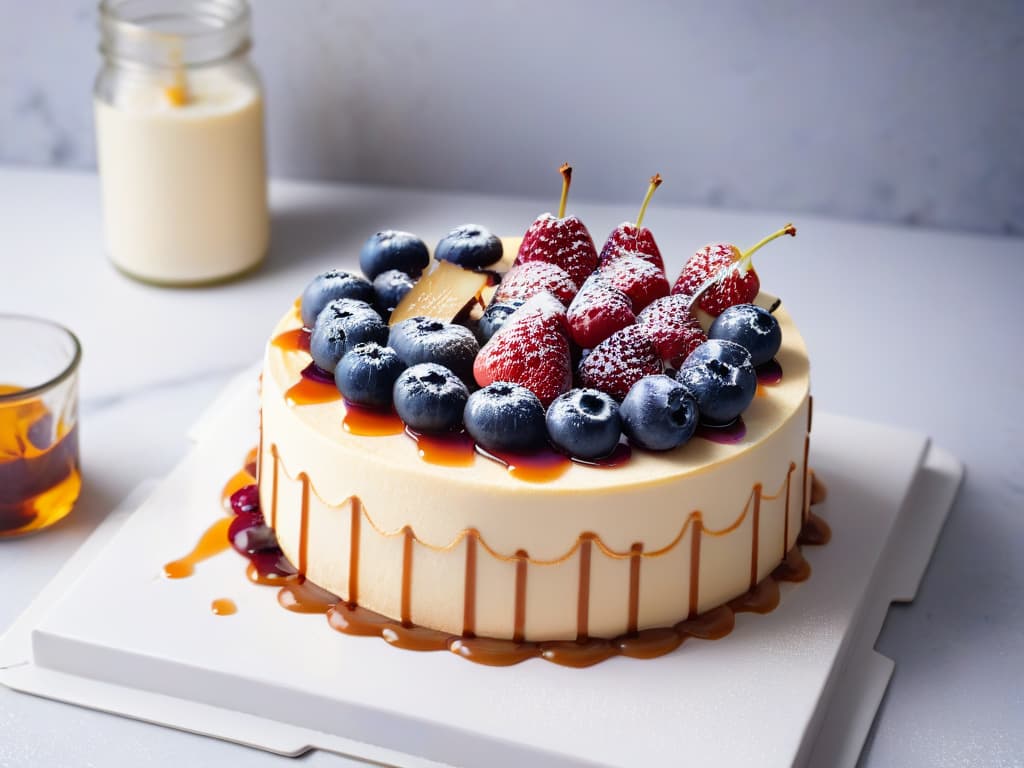  An ultradetailed image of a perfectly baked vegan yogurt cheesecake sitting on a marble countertop, garnished with fresh berries and a drizzle of vegan caramel sauce. The cheesecake is perfectly sliced to reveal its creamy texture with a crumbly biscuit base, showcasing the versatility and deliciousness of vegan yogurt in modern baking. The lighting is soft, highlighting the glossy berries and the golden hue of the caramel, creating a visually appealing and appetizing composition. hyperrealistic, full body, detailed clothing, highly detailed, cinematic lighting, stunningly beautiful, intricate, sharp focus, f/1. 8, 85mm, (centered image composition), (professionally color graded), ((bright soft diffused light)), volumetric fog, trending on instagram, trending on tumblr, HDR 4K, 8K