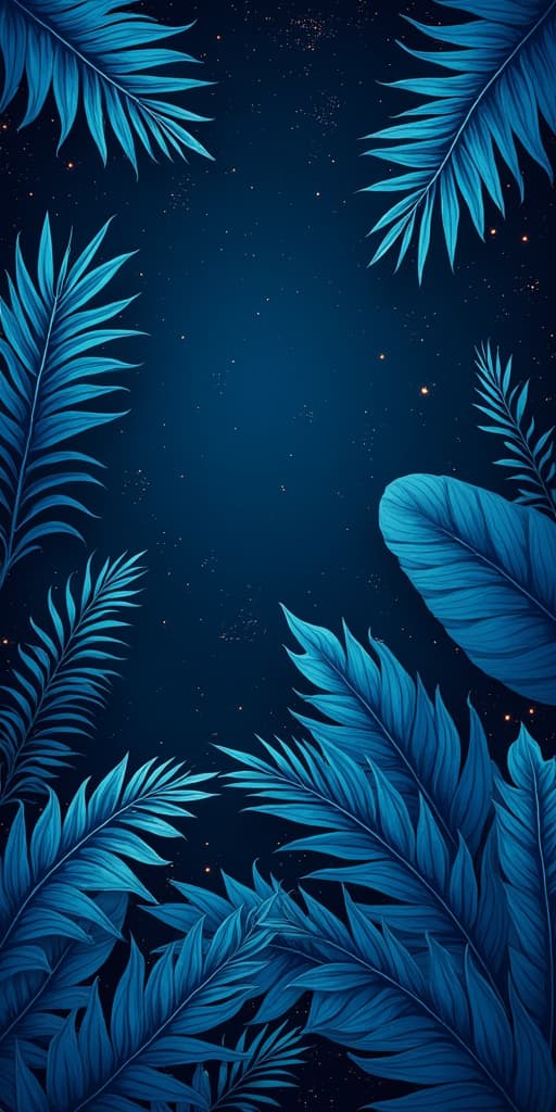  good quality, high quality, collection of blue tropical leaves and foliage plants set against a cosmic space background.