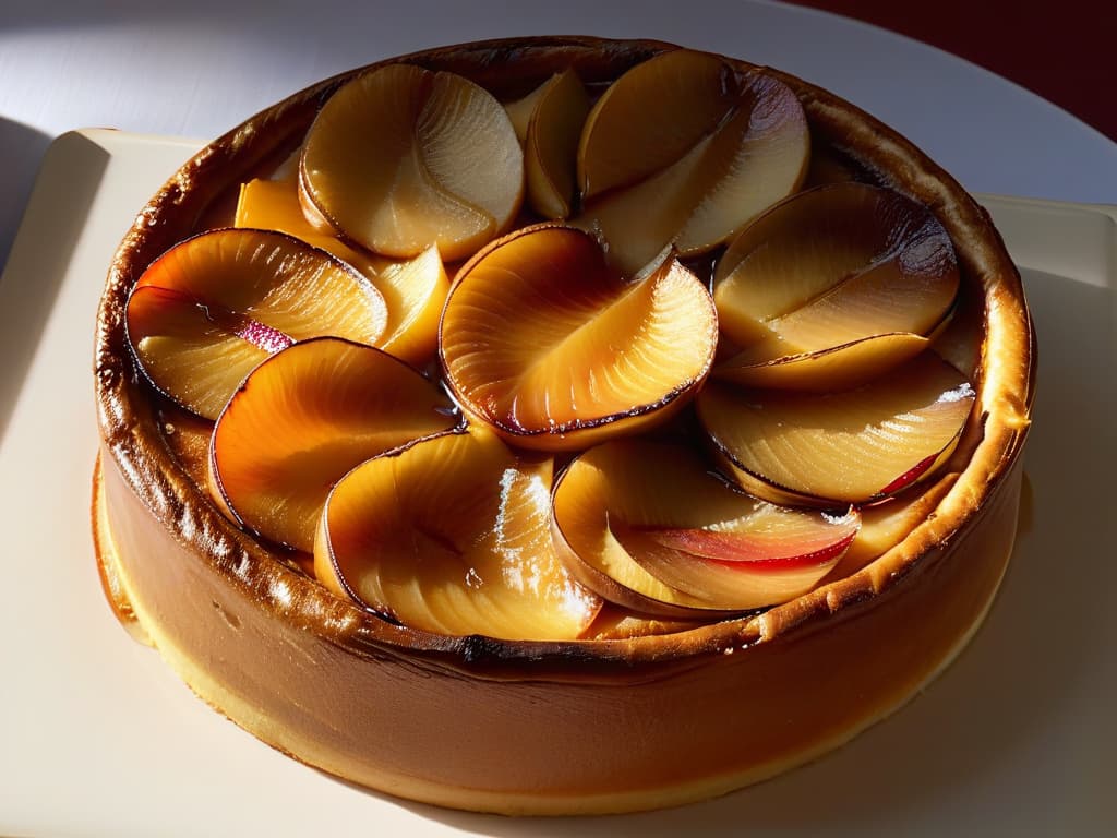  An ultradetailed closeup of a goldenbrown Tarta Tatin fresh out of the oven, with a perfectly caramelized apple filling glistening under a delicate lattice crust. Each apple slice is precisely arranged, showcasing the meticulous craftsmanship that goes into creating this iconic French dessert. The buttery aroma seems to waft off the screen, inviting the viewer to indulge in the rich history and flavors of the Tarta Tatin. hyperrealistic, full body, detailed clothing, highly detailed, cinematic lighting, stunningly beautiful, intricate, sharp focus, f/1. 8, 85mm, (centered image composition), (professionally color graded), ((bright soft diffused light)), volumetric fog, trending on instagram, trending on tumblr, HDR 4K, 8K