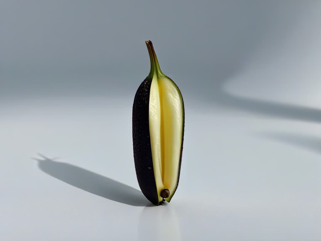  An 8k ultradetailed image of a single vanilla bean pod, split open to reveal the tiny black vanilla seeds inside, set against a stark white background with soft, elegant lighting that highlights the intricate details and textures of the pod. hyperrealistic, full body, detailed clothing, highly detailed, cinematic lighting, stunningly beautiful, intricate, sharp focus, f/1. 8, 85mm, (centered image composition), (professionally color graded), ((bright soft diffused light)), volumetric fog, trending on instagram, trending on tumblr, HDR 4K, 8K