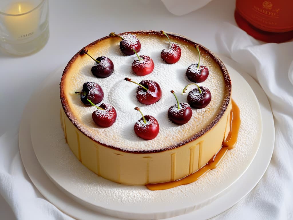  An ultradetailed, 8k resolution image of a perfectly baked cherry clafoutis, featuring a goldenbrown crust with caramelized edges, a rich custard center dotted with vibrant red cherries, all dusted with a light sprinkling of powdered sugar on a sleek, minimalist white plate. The cherries glisten with juiciness, and the texture of the custard appears velvety smooth, creating a mouthwatering visual feast that embodies the essence of a French summer dessert. hyperrealistic, full body, detailed clothing, highly detailed, cinematic lighting, stunningly beautiful, intricate, sharp focus, f/1. 8, 85mm, (centered image composition), (professionally color graded), ((bright soft diffused light)), volumetric fog, trending on instagram, trending on tumblr, HDR 4K, 8K