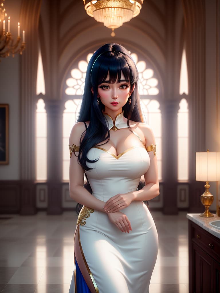  An cute and anime wearing blue china dress, black mid length hair with bangs, bare shoulders, bare arms, exudes feminine charm, greeny eyes with attractive lashes, full subtle mauve lipstick, large s covered by curved fit dress, blush, expression on face Background:luxurious room in a grand palace, oval freestanding tub with gold accents, marble floors with reflections, tall arched windows, stargazing view through a gl ceiling, warm ambient lighting, scattered rose petals, ornate pillars and arches, high end spa atmosphere, candles casting soft glow, fluffy white towels, elegant floral arrangements in vases, tranquil and serene mood, indoor poolside cherry blossoms. hyperrealistic, full body, detailed clothing, highly detailed, cinematic lighting, stunningly beautiful, intricate, sharp focus, f/1. 8, 85mm, (centered image composition), (professionally color graded), ((bright soft diffused light)), volumetric fog, trending on instagram, trending on tumblr, HDR 4K, 8K