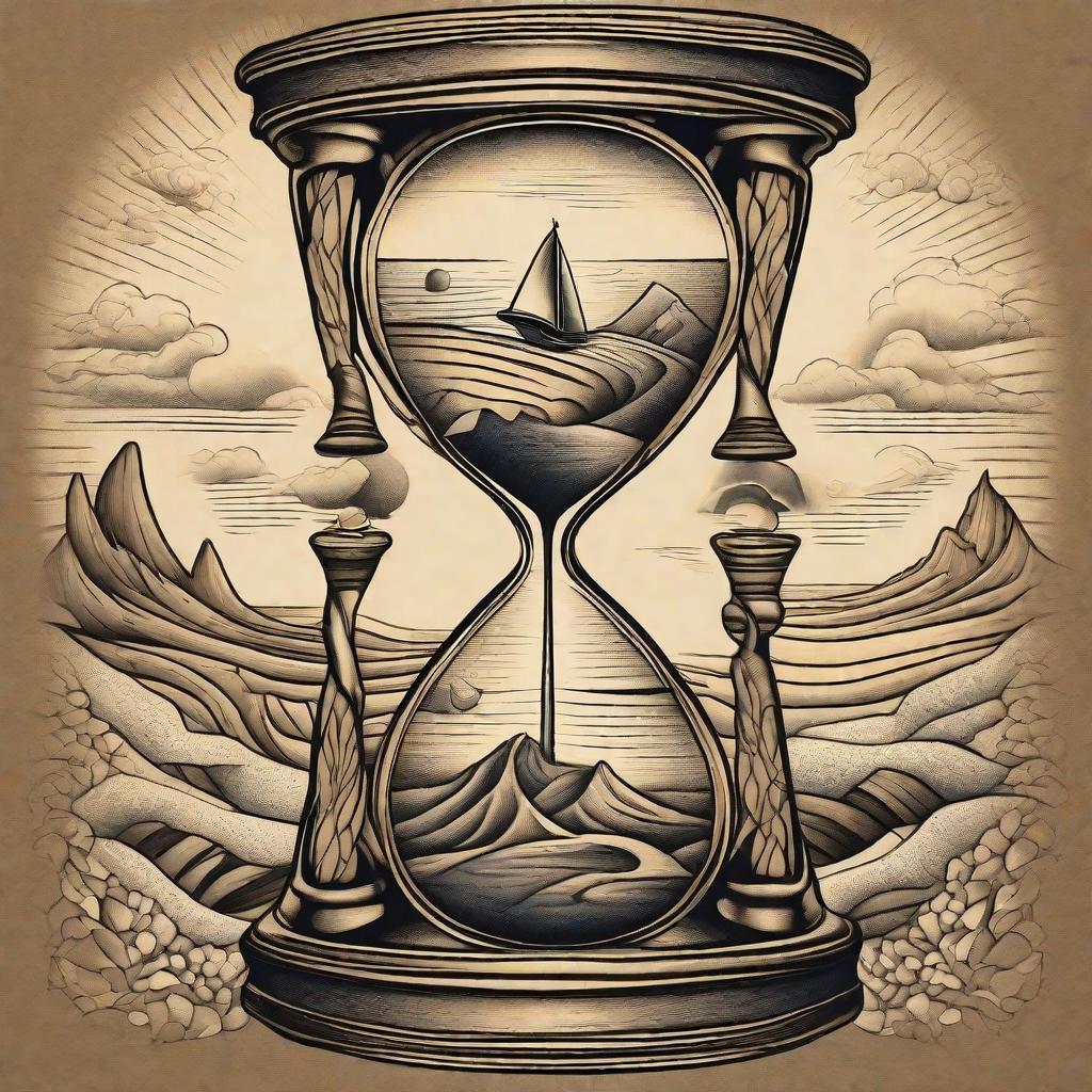  masterpiece, best quality, (Fidelity: 1.4), Best Quality, Ultra High Resolution, 8k resolution, a tattoo inspired by MC Escher or Degas, featuring a Sun setting inside an hourglass, turning into grains of sand; fine line tattoo, realism