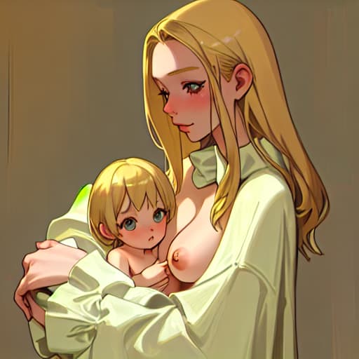  Young woman, blonde hair, nudity, cradling infant