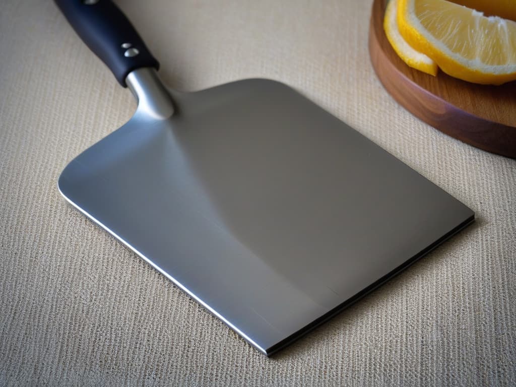  A closeup, ultradetailed image of a sleek, stainless steel offset spatula with a precisionengineered handle, showcasing the intricate design and highquality craftsmanship of the tool. The focus is on the smooth, reflective surface of the spatula, highlighting its professionalgrade precision and modern aesthetic. hyperrealistic, full body, detailed clothing, highly detailed, cinematic lighting, stunningly beautiful, intricate, sharp focus, f/1. 8, 85mm, (centered image composition), (professionally color graded), ((bright soft diffused light)), volumetric fog, trending on instagram, trending on tumblr, HDR 4K, 8K