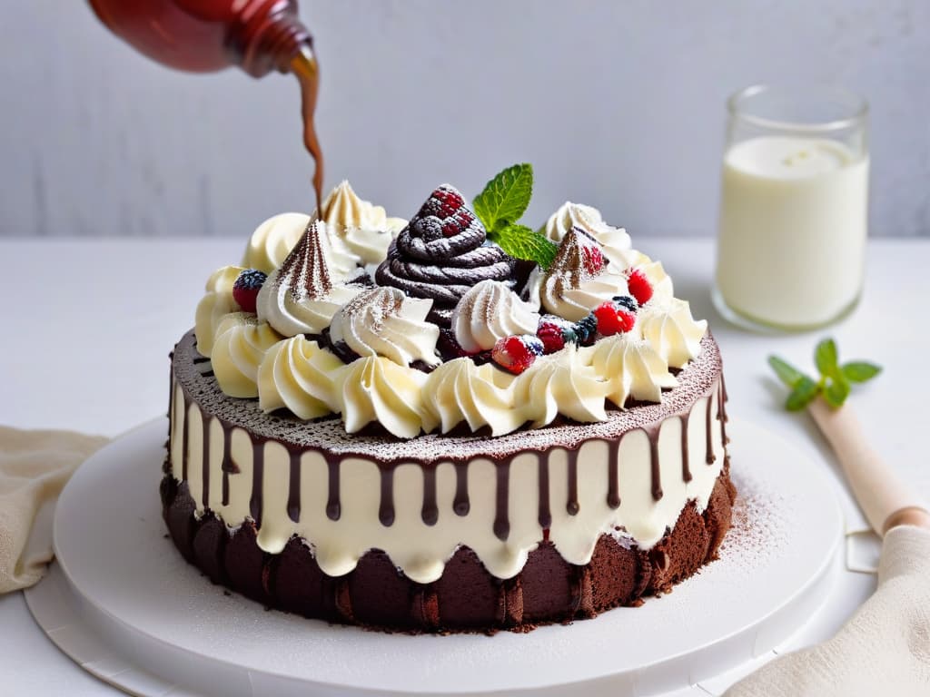  A vibrant and detailed image of a vegan chantilly cream being piped onto a freshly baked vegan chocolate cake. The chantilly cream is perfectly whipped to stiff peaks, with a glossy and smooth texture. The cake is adorned with fresh berries and mint leaves, creating a visually appealing and appetizing dessert. The background features a clean and modern kitchen setting with natural light streaming in, emphasizing the freshness and wholesome nature of the vegan dessert. hyperrealistic, full body, detailed clothing, highly detailed, cinematic lighting, stunningly beautiful, intricate, sharp focus, f/1. 8, 85mm, (centered image composition), (professionally color graded), ((bright soft diffused light)), volumetric fog, trending on instagram, trending on tumblr, HDR 4K, 8K