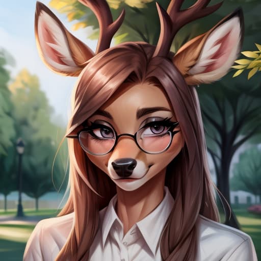  Deer, girl, glasses, johnfoxart, park, best quality, best anatomy, open eyes, digital art, masterpiece, 4k, fine details,