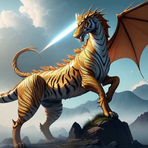  I would like to generate a highly detailed digital art image of a golden dragon and a white tiger. The dragon should be depicted in a majestic pose, with its scales glimmering in the light. Its wings should be spread wide, showcasing intricate details and patterns. The tiger should be portrayed as powerful and graceful, with its white fur contrasting beautifully against the dragon's golden scales. The background should be atmospheric, with hints of clouds and mist, creating a sense of mystique. The overall composition should convey a sense of awe and wonder. Please create this image for me. ar 2:3 v 5.1 hyperrealistic, full body, detailed clothing, highly detailed, cinematic lighting, stunningly beautiful, intricate, sharp focus, f/1. 8, 85mm, (centered image composition), (professionally color graded), ((bright soft diffused light)), volumetric fog, trending on instagram, trending on tumblr, HDR 4K, 8K