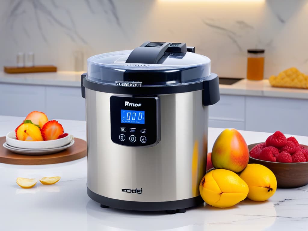  A minimalist image of a sleek stainless steel ice cream maker churning a vibrant mango sorbet mixture, set against a backdrop of a pristine marble countertop. The machine is elegantly designed, with a digital display showing the precise temperature and time settings. The sorbet mixture appears velvety smooth, with the vibrant yellow color exuding freshness and flavor. The overall aesthetic is clean, modern, and inviting, capturing the essence of professional ice cream and sorbet craftsmanship. hyperrealistic, full body, detailed clothing, highly detailed, cinematic lighting, stunningly beautiful, intricate, sharp focus, f/1. 8, 85mm, (centered image composition), (professionally color graded), ((bright soft diffused light)), volumetric fog, trending on instagram, trending on tumblr, HDR 4K, 8K