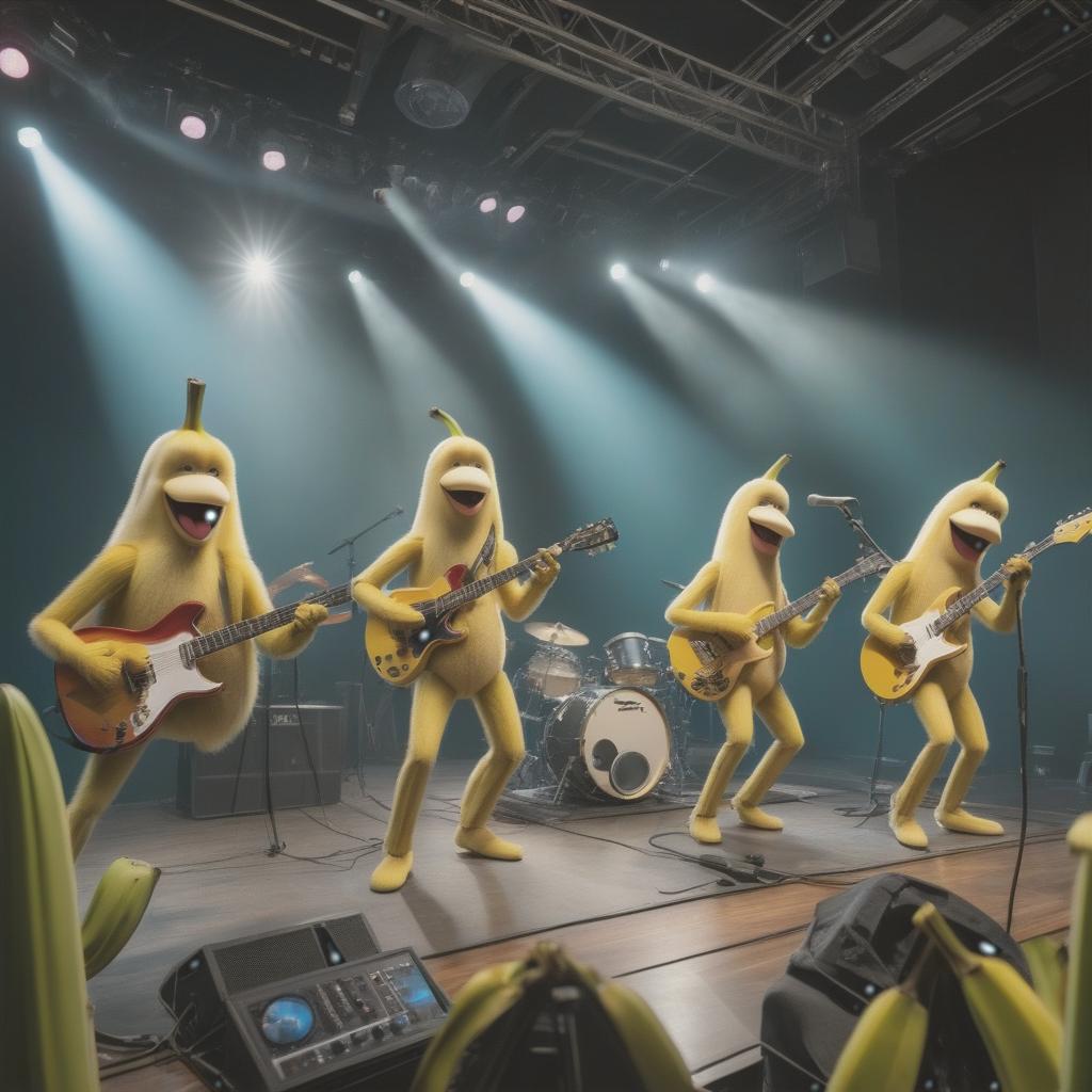  anime artwork A rock band of banana people are playing a concert on stage, viewed from the standing position in the hall. . anime style, key visual, vibrant, studio anime, highly detailed hyperrealistic, full body, detailed clothing, highly detailed, cinematic lighting, stunningly beautiful, intricate, sharp focus, f/1. 8, 85mm, (centered image composition), (professionally color graded), ((bright soft diffused light)), volumetric fog, trending on instagram, trending on tumblr, HDR 4K, 8K