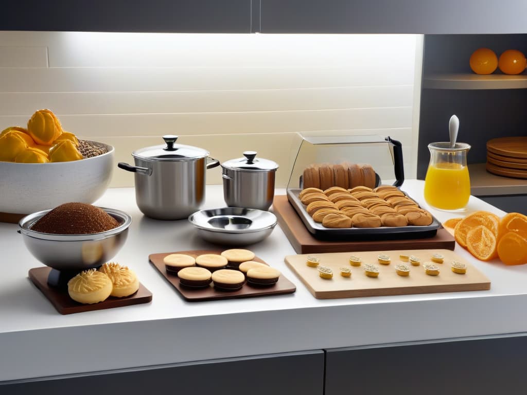  An ultradetailed image of a sleek, modern kitchen countertop showcasing an array of beautifully crafted licensed baking products such as branded mixing bowls, measuring cups, and cookie cutters. The countertop is spotless, reflecting the soft glow of undercabinet lighting, highlighting the intricate details of the utensils. Each item is strategically placed, creating a visually appealing composition that exudes elegance and sophistication, embodying the essence of professional and inspiring baking with licensed products. hyperrealistic, full body, detailed clothing, highly detailed, cinematic lighting, stunningly beautiful, intricate, sharp focus, f/1. 8, 85mm, (centered image composition), (professionally color graded), ((bright soft diffused light)), volumetric fog, trending on instagram, trending on tumblr, HDR 4K, 8K