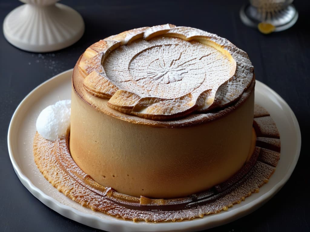  A closeup, ultradetailed image of a perfectly risen and goldenbrown chestnut soufflé, dusted with a light sprinkle of powdered sugar, resting on a sleek white porcelain plate. The texture of the soufflé is visible, showcasing its airy and delicate nature, with tiny air bubbles captured in high definition. The plate is set on a dark, contrasting background to make the soufflé stand out as the elegant focal point of the image. hyperrealistic, full body, detailed clothing, highly detailed, cinematic lighting, stunningly beautiful, intricate, sharp focus, f/1. 8, 85mm, (centered image composition), (professionally color graded), ((bright soft diffused light)), volumetric fog, trending on instagram, trending on tumblr, HDR 4K, 8K