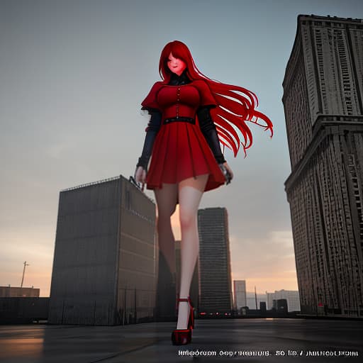  A girl with red hair, red dress, white socks, respirator, heels, pistol, city in the background, photorealism., (3d render:1.25), realistic, dark, epic, (detailed:1.22), textured hyperrealistic, full body, detailed clothing, highly detailed, cinematic lighting, stunningly beautiful, intricate, sharp focus, f/1. 8, 85mm, (centered image composition), (professionally color graded), ((bright soft diffused light)), volumetric fog, trending on instagram, trending on tumblr, HDR 4K, 8K