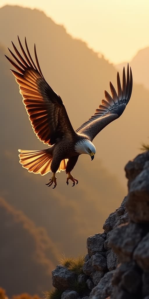  good quality, high quality, a golden eagle dives with precision toward the ground, its powerful wings fully extended. the rugged landscape glimmers in the soft light of dawn, highlighting the bird's fierce beauty and prowess