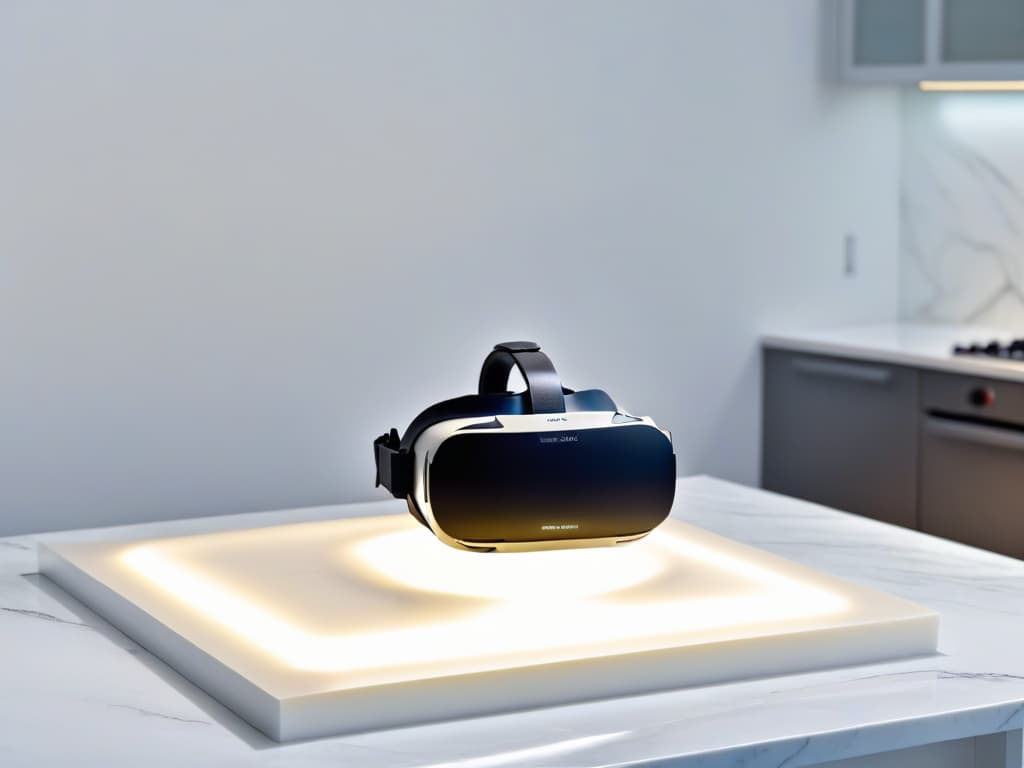  A highresolution, minimalist image of a sleek, futuristic virtual reality headset placed on a pristine white marble countertop. The headset is illuminated by a soft, ethereal light, casting a gentle glow across the surface. The design of the headset is elegant and cuttingedge, with intricate details visible upon closer inspection. The overall aesthetic is modern, sophisticated, and inviting, evoking a sense of immersion and innovation in the world of virtual reality baking. hyperrealistic, full body, detailed clothing, highly detailed, cinematic lighting, stunningly beautiful, intricate, sharp focus, f/1. 8, 85mm, (centered image composition), (professionally color graded), ((bright soft diffused light)), volumetric fog, trending on instagram, trending on tumblr, HDR 4K, 8K