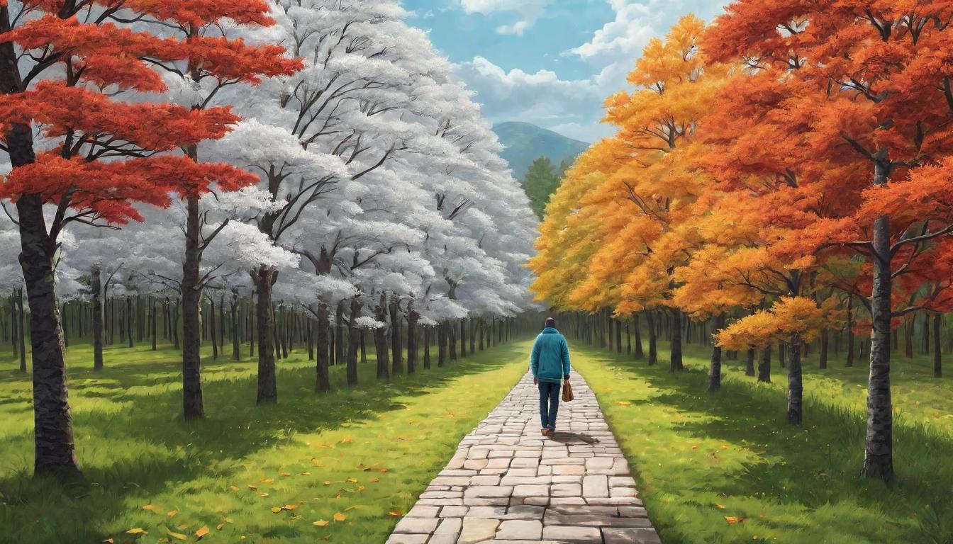  digital illustration, A person walking a path lined with changing seasons, mindful presence in each step, awareness of natural cycles, mindfulness, evolving journey, attentive, peaceful transition, looking at viewer, dynamic pose, (intricate details, masterpiece, best quality)