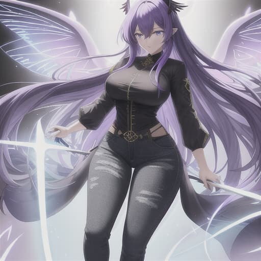  female,long hair Purple,her bangs on the side,Blue eyes,fairy,her Wings is buttetfly Purple,blck jeans,black shirt,black hacker,background is sky,she is fly at the sky hyperrealistic, full body, detailed clothing, highly detailed, cinematic lighting, stunningly beautiful, intricate, sharp focus, f/1. 8, 85mm, (centered image composition), (professionally color graded), ((bright soft diffused light)), volumetric fog, trending on instagram, trending on tumblr, HDR 4K, 8K