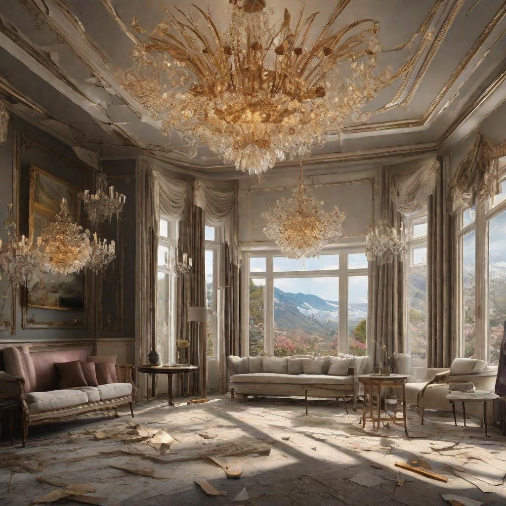  masterpiece, best quality, windows cracked and chandeliers dropped during an earthquake