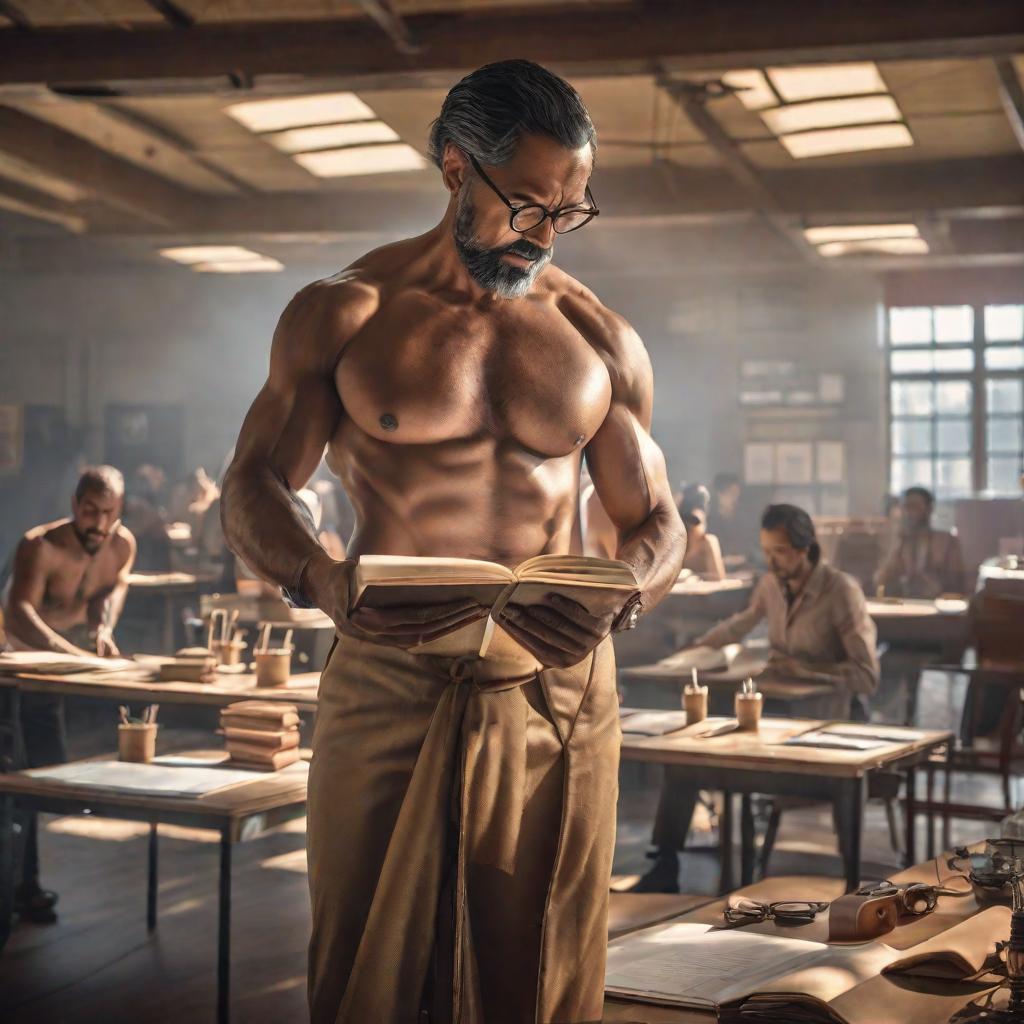  topless professor teaching design at university hyperrealistic, full body, detailed clothing, highly detailed, cinematic lighting, stunningly beautiful, intricate, sharp focus, f/1. 8, 85mm, (centered image composition), (professionally color graded), ((bright soft diffused light)), volumetric fog, trending on instagram, trending on tumblr, HDR 4K, 8K