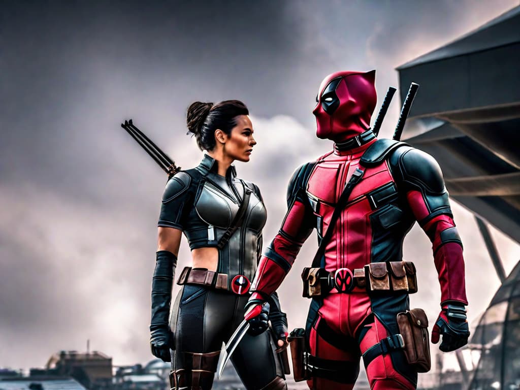  An image of Deadpool and Wolverine standing back to back, ready for battle, with the Avengers logo in the background. The dynamic duo exudes confidence and determination, hinting at an epic showdown in the world of Vingadores: Ultimato.digital art, ilustration hyperrealistic, full body, detailed clothing, highly detailed, cinematic lighting, stunningly beautiful, intricate, sharp focus, f/1. 8, 85mm, (centered image composition), (professionally color graded), ((bright soft diffused light)), volumetric fog, trending on instagram, trending on tumblr, HDR 4K, 8K