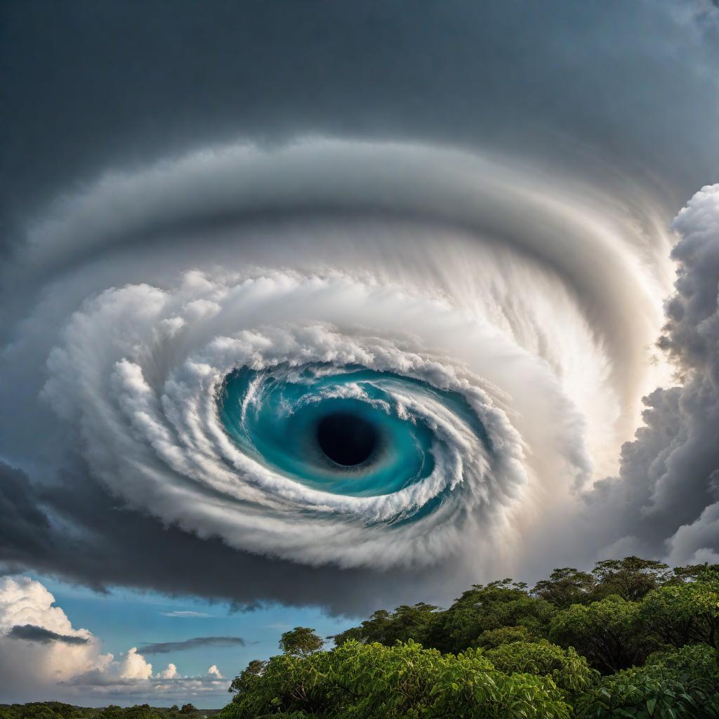  Eye of the hurricane, showing the calm center with swirling clouds around it and intense weather conditions. The surrounding clouds appear turbulent and dark, contrasting with the calm and bright center. It might also contain some lightning bolts and rain to emphasize the power of the hurricane. hyperrealistic, full body, detailed clothing, highly detailed, cinematic lighting, stunningly beautiful, intricate, sharp focus, f/1. 8, 85mm, (centered image composition), (professionally color graded), ((bright soft diffused light)), volumetric fog, trending on instagram, trending on tumblr, HDR 4K, 8K