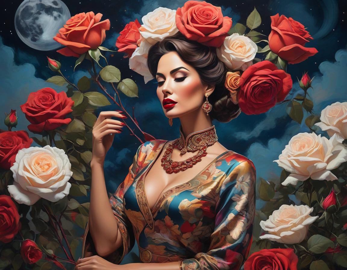  abstract expressionist painting An elaborate digital artwork of a woman in vintage attire with roses and a lunar backdrop. . energetic brushwork, bold colors, abstract forms, expressive, emotional hyperrealistic, full body, detailed clothing, highly detailed, cinematic lighting, stunningly beautiful, intricate, sharp focus, f/1. 8, 85mm, (centered image composition), (professionally color graded), ((bright soft diffused light)), volumetric fog, trending on instagram, trending on tumblr, HDR 4K, 8K