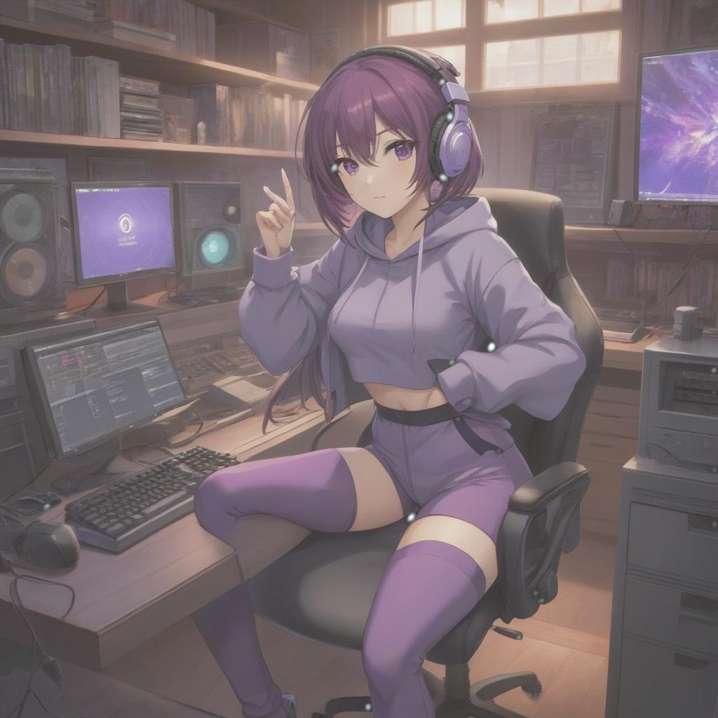  anime artwork The location is a cozy large room with plenty of detailing in violet tones. The frame is set from left to right, on the left side sits a girl streamer with a computer, and on the right side there is a lot of space with shelves. On the shelves in the room upright stand anime figures. The girl streamer sits on a gaming chair in front of the computer. On the table in front of the girl is a monitor, keyboard, and microphone. The girl looks into the camera. The girl is wearing lavender sweatpants. The girl has large headphones. The girl's hairstyle is a long bob without bangs, dark red in color. It's nighttime. Purple lamps. The girl has dark eyes, and short hair. . anime style, key visual, vibrant, studio anime, highly detailed hyperrealistic, full body, detailed clothing, highly detailed, cinematic lighting, stunningly beautiful, intricate, sharp focus, f/1. 8, 85mm, (centered image composition), (professionally color graded), ((bright soft diffused light)), volumetric fog, trending on instagram, trending on tumblr, HDR 4K, 8K